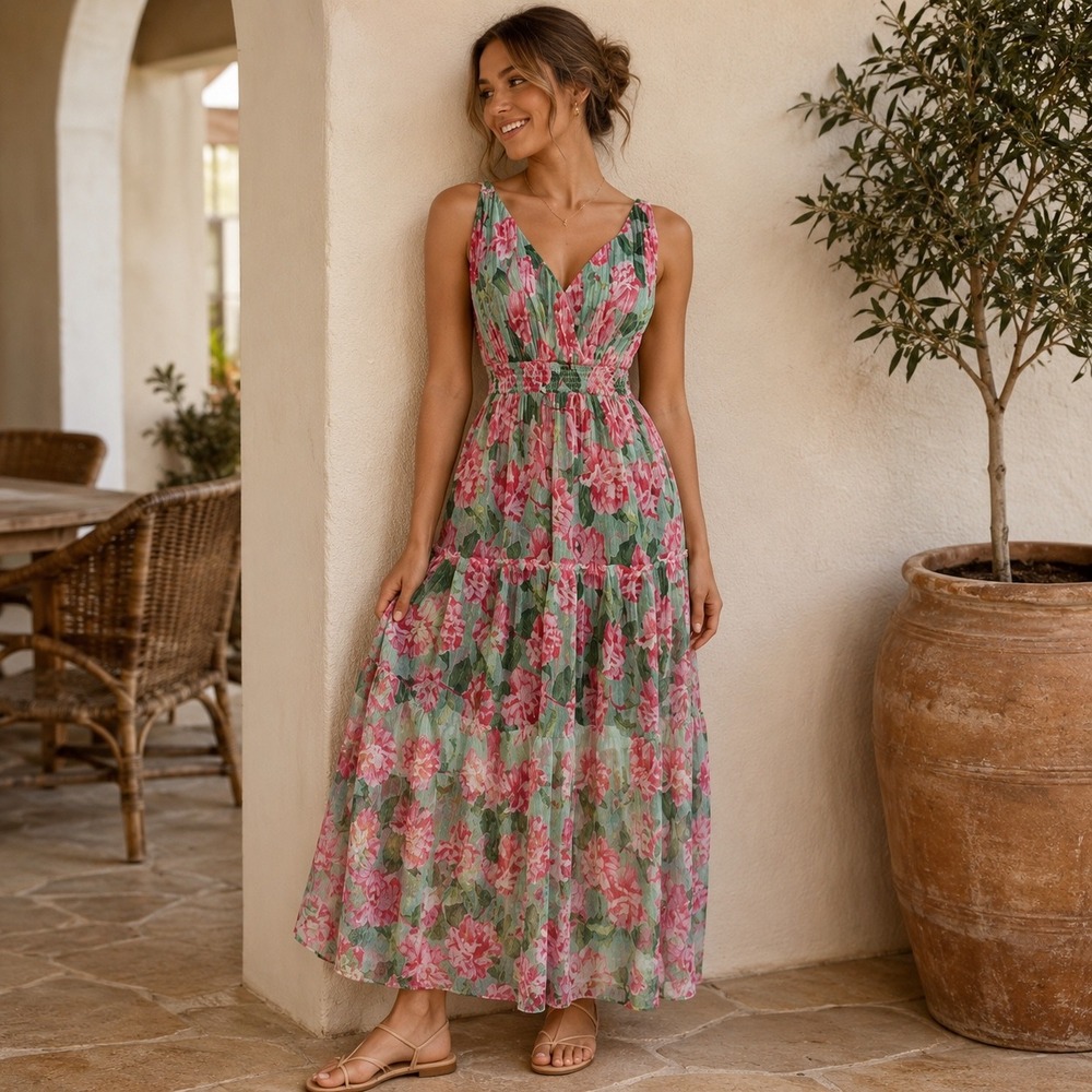 Lapis Womens‎ Floral Pleated Mesh Maxi Dress Pink Green Smocked Waist Medium
